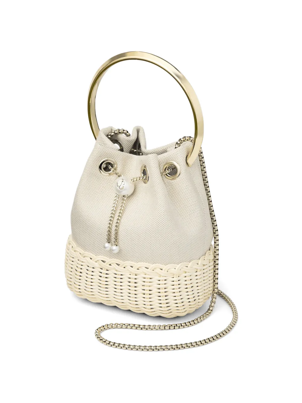 Jimmy Choo Bon bucket-tas met canvas en rieten detail Beige