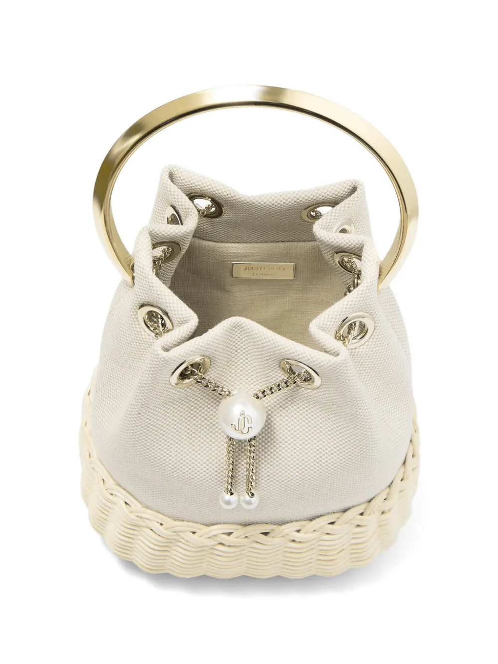 Jimmy Choo Bon bucket-tas met canvas en rieten detail Beige