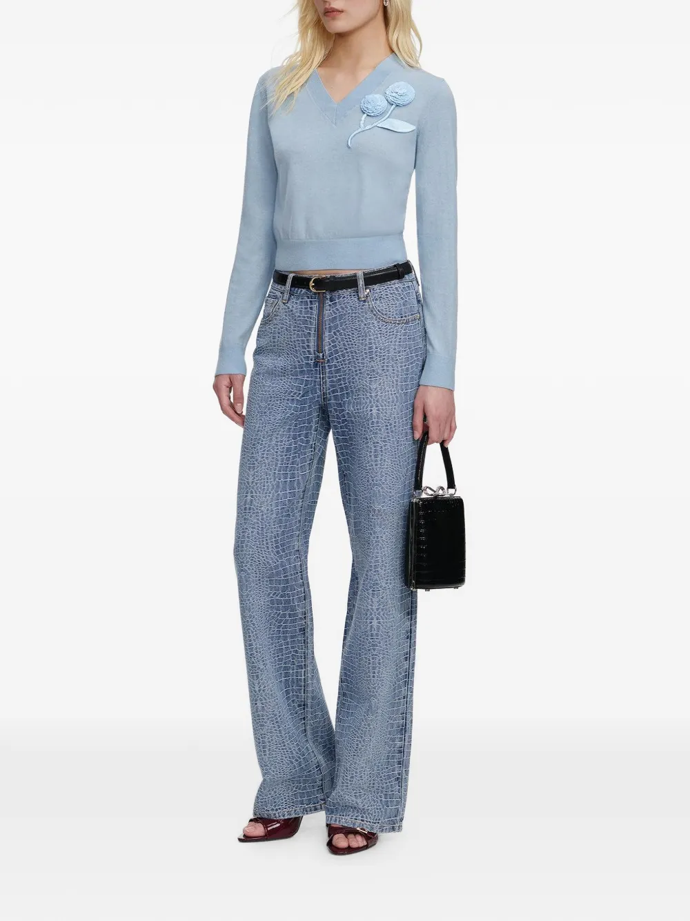  Self-portrait Rose V-neck Jumper - Blue 