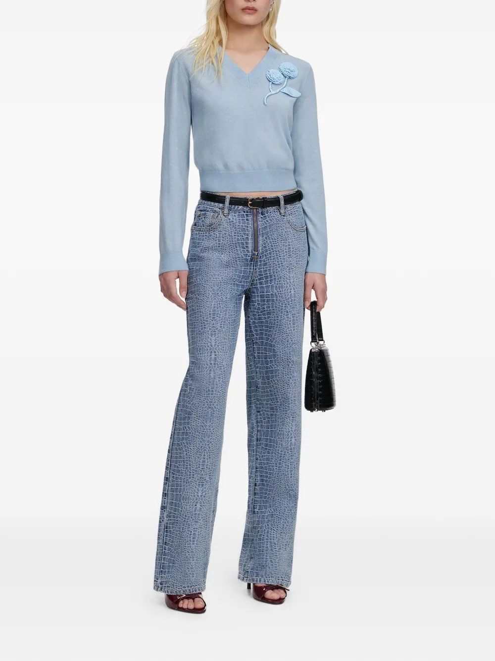  Self-portrait Rose V-neck Jumper - Blue 