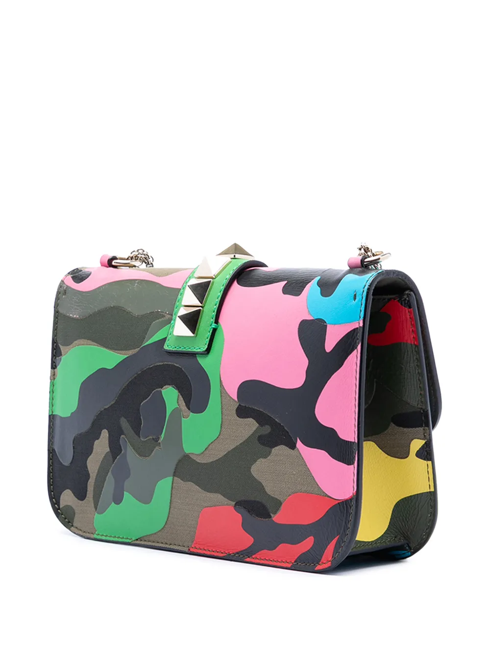  Valentino Garavani Pre-owned 2010-2025 Medium Nappa And Canvas Camouflage Rockstud Glam Lock Crossbody Bag - Green 