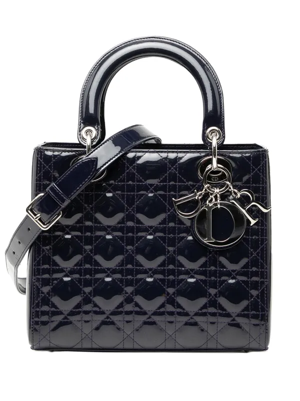 Dior Pre-owned 2016 Medium Patent Cannage Lady Dior Satchel in Blue