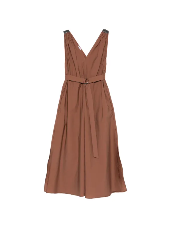 Brunello Cucinelli Techno Cotton Poplin Belted Dress with Precious Shoulder Detail in Brown