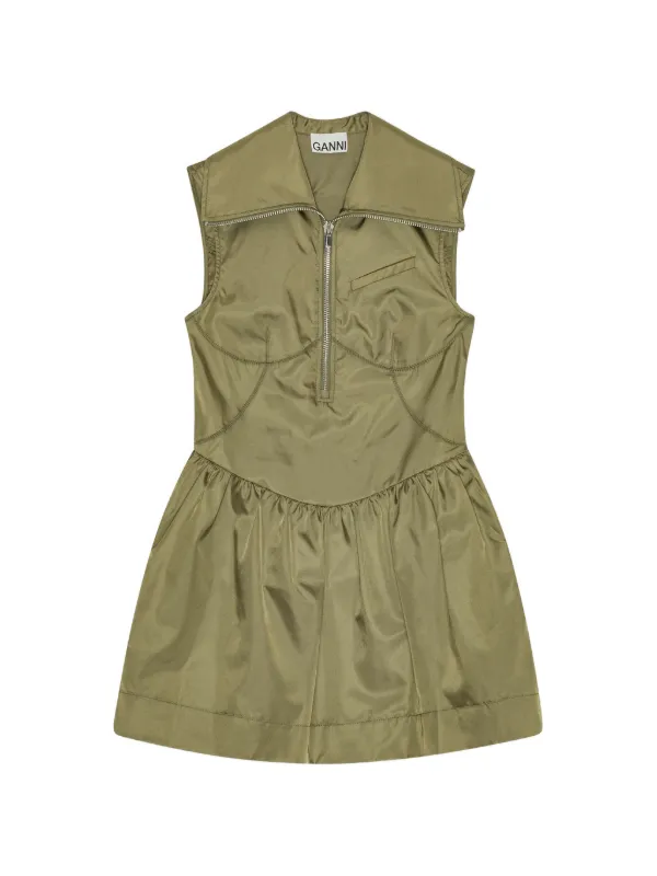 ganni green mini dress Ganni Collared Zipped Mini Dress