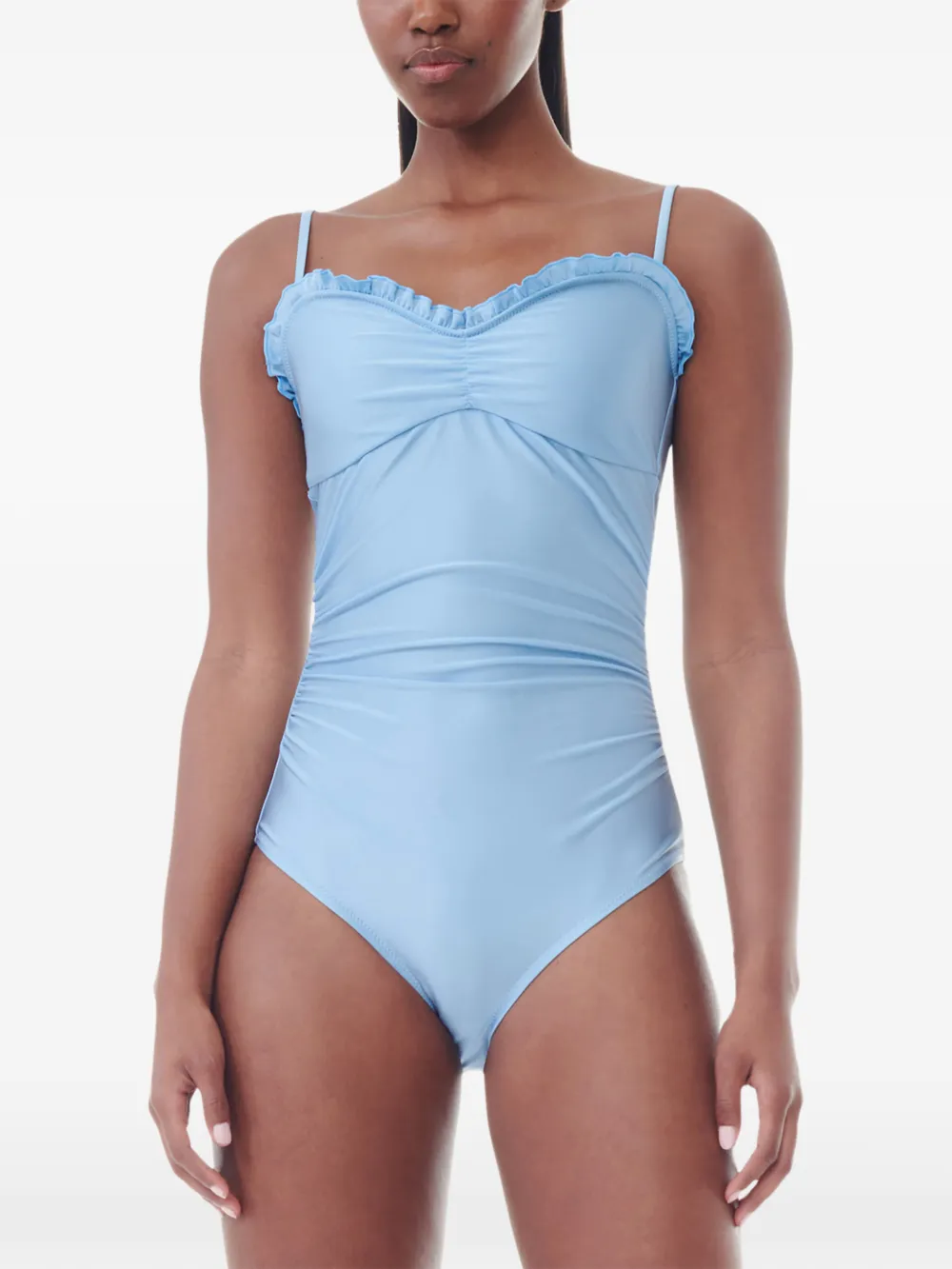 GANNI Gesmockt badpak met ruches Blauw