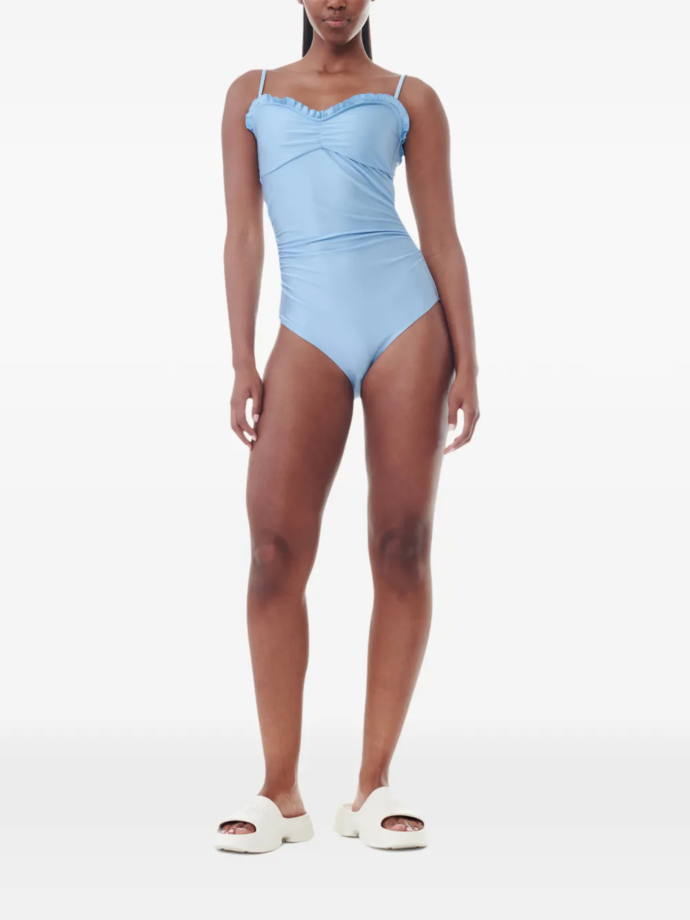 GANNI Gesmockt badpak met ruches Blauw