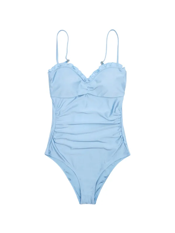 Ganni Gathered Ruffled Swimsuit in Blue