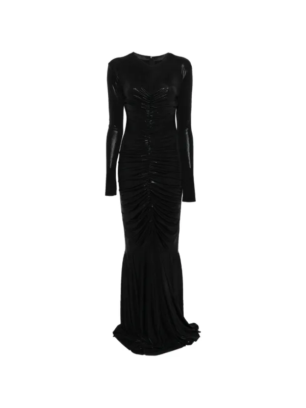 Norma Kamali Long Sleeve V Neck Shirred Fishtail Gown - Black / Size M Norma Kamali Long Sleeve V Neck Shirred Fishtail Gown - Black / Size M