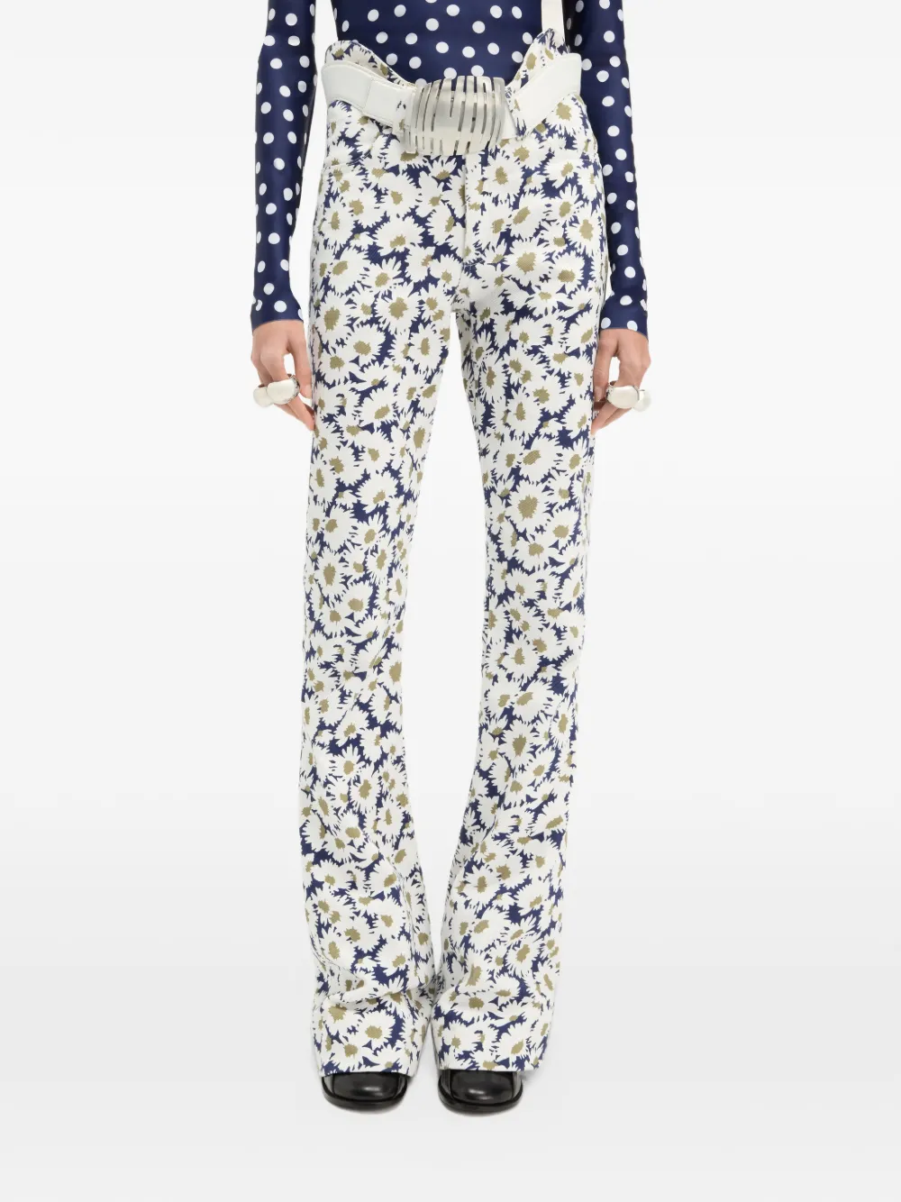 Jean Paul Gaultier The Curved Schlagjeans mit Blumen-Print - Weiß