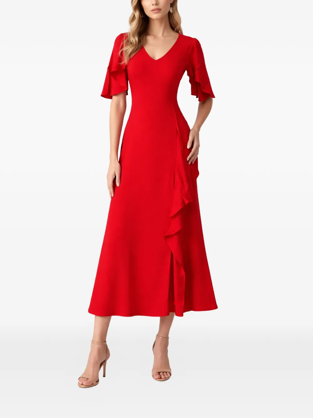  Silk95five Arizona Ruffled V-neck Midi Dress - Red 