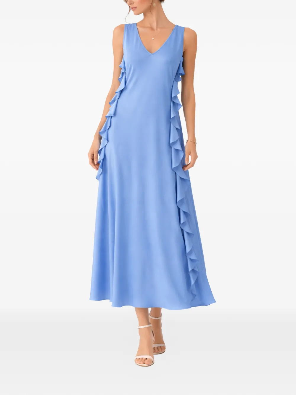  Silk95five Ruffled V-neck Midi Dress - Blue 