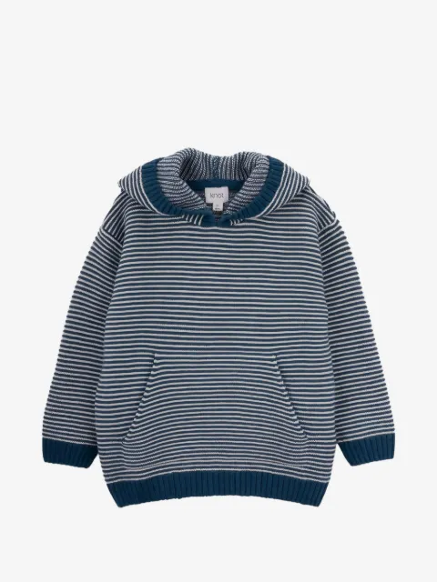 Knot striped-pattern hooded knitted sweater