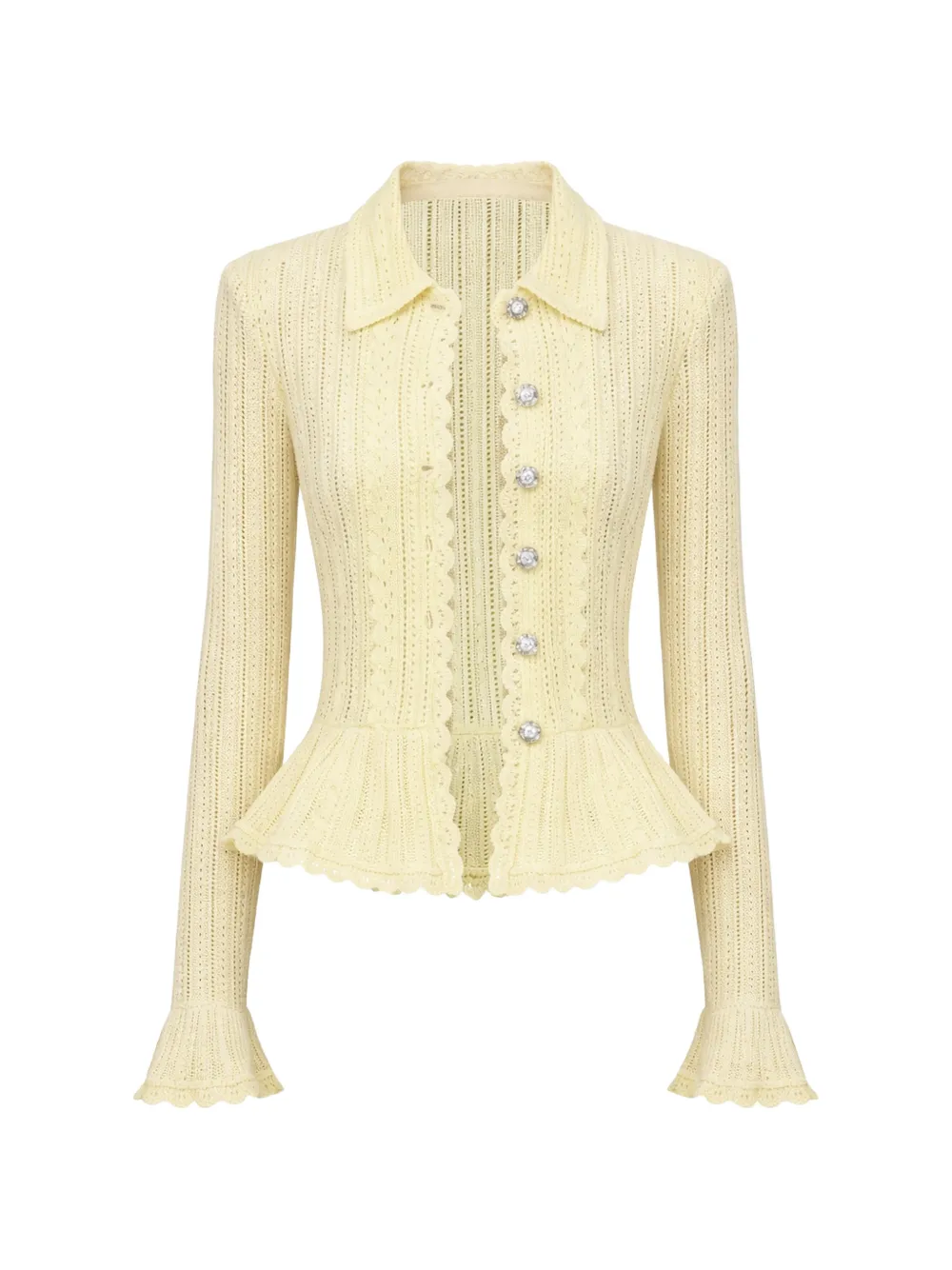 Self-portrait Pointelle-knit Ruffled Cardigan In Neutral