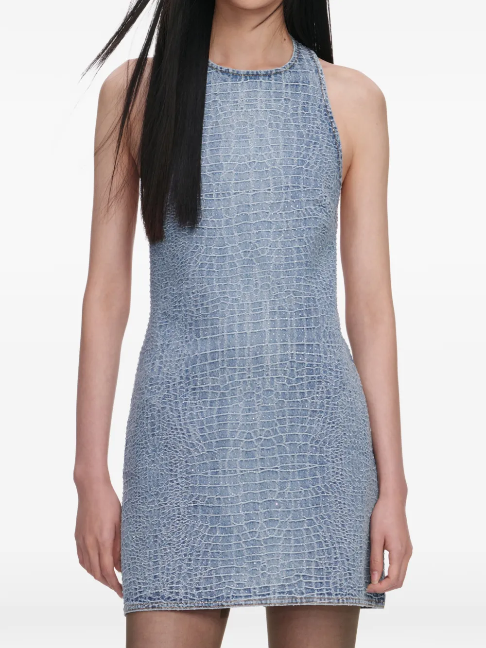 Self-Portrait rhinestone croc-effect denim mini dress - Blu