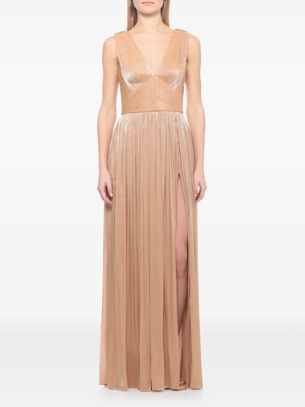 Costarellos Pleated V-neck Gown - Neutrals 