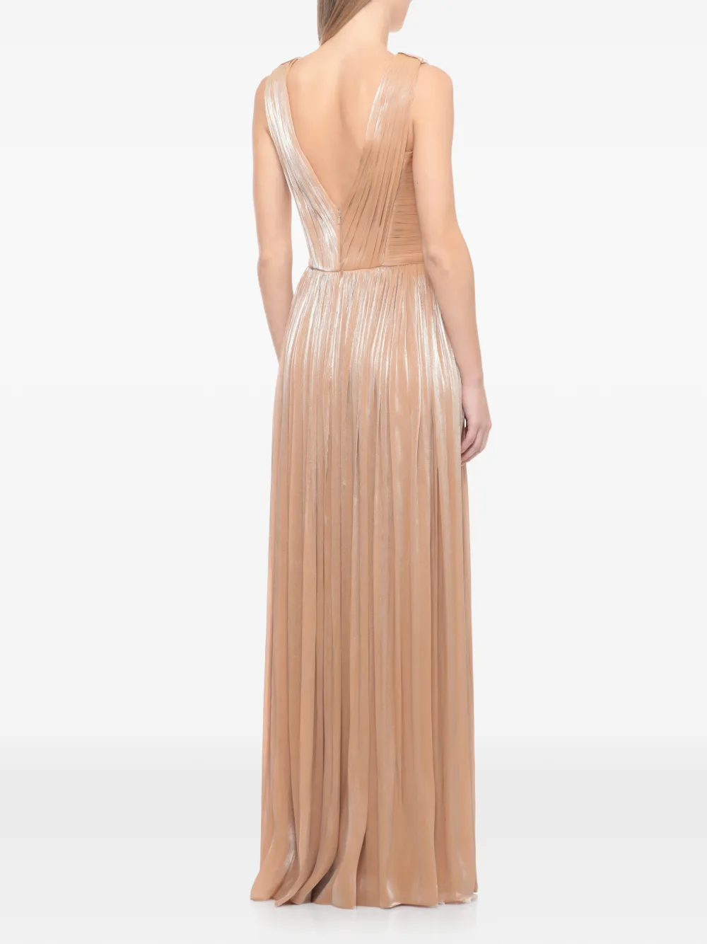  Costarellos Pleated V-neck Gown - Neutrals 