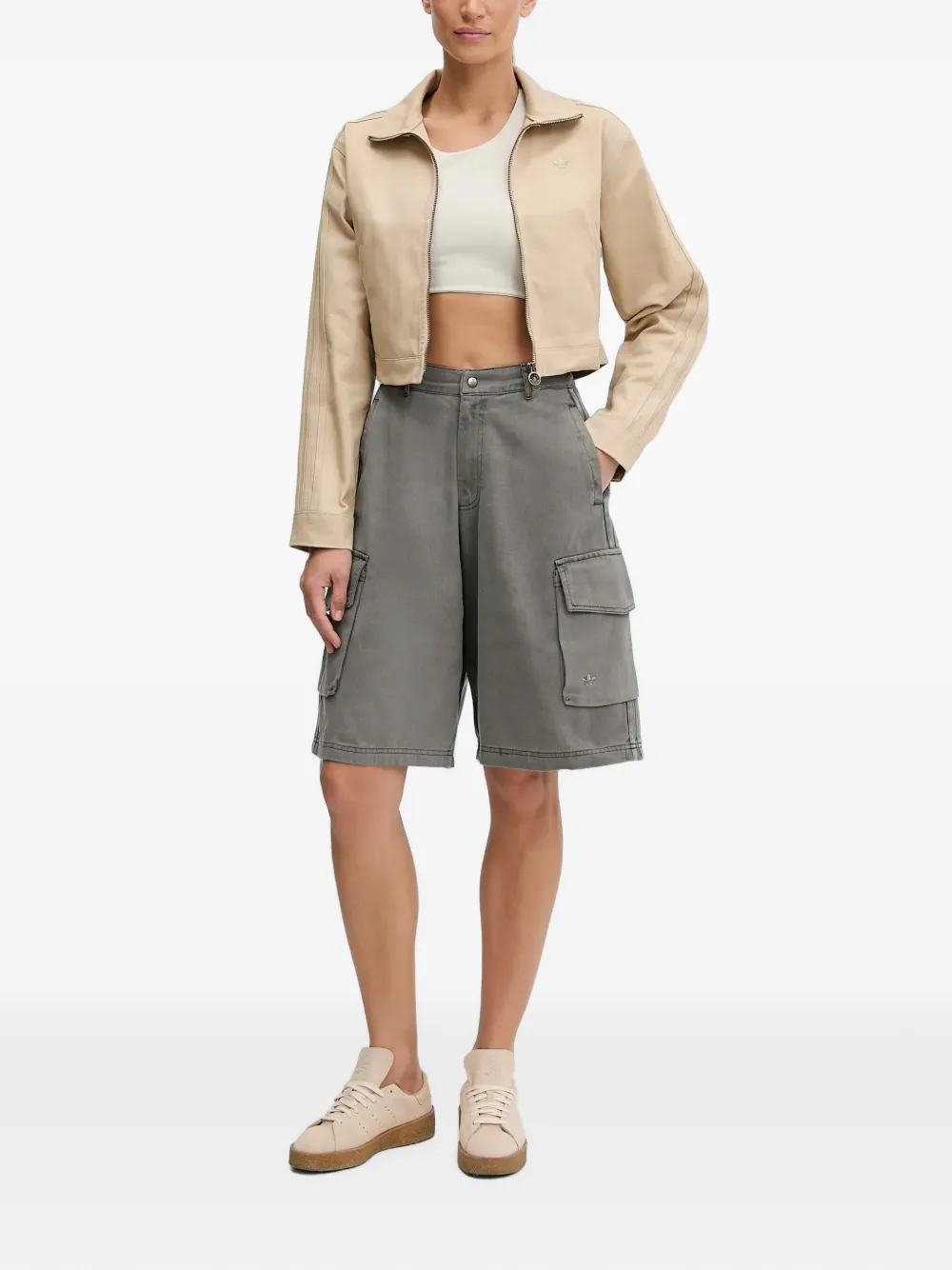 adidas Firebird twill crop track top Beige