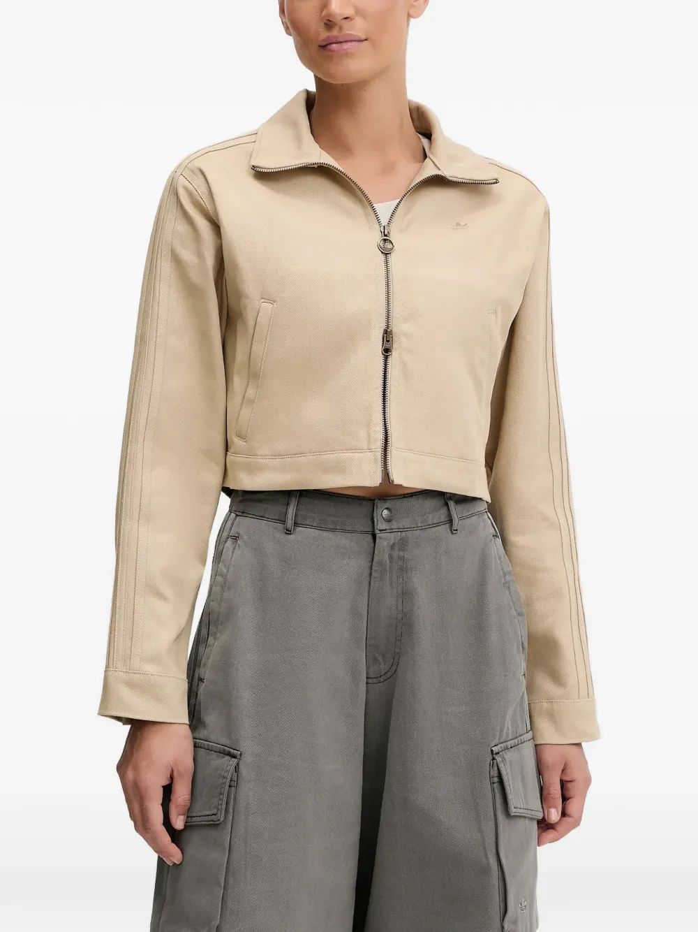 adidas Firebird twill crop track top Beige