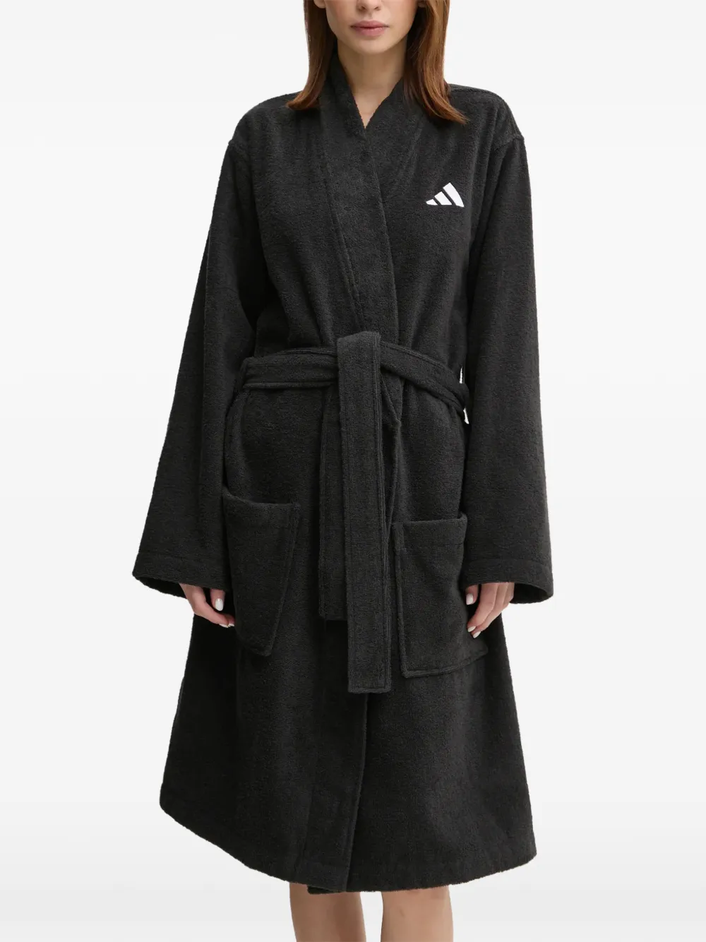 adidas logo-embroidered belted bathrobe - Nero