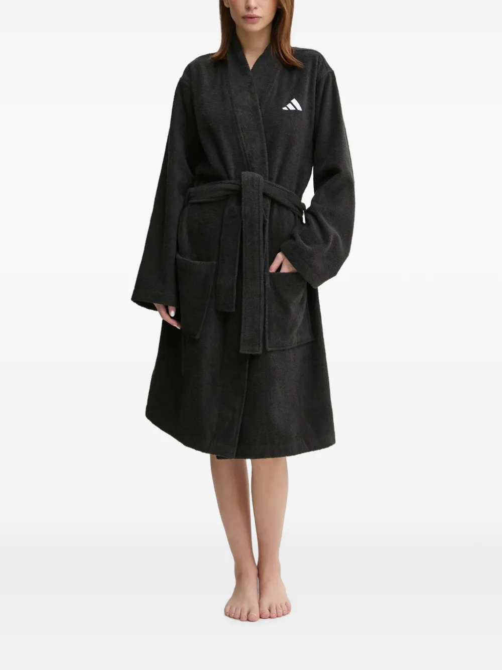 adidas logo-embroidered belted bathrobe Zwart