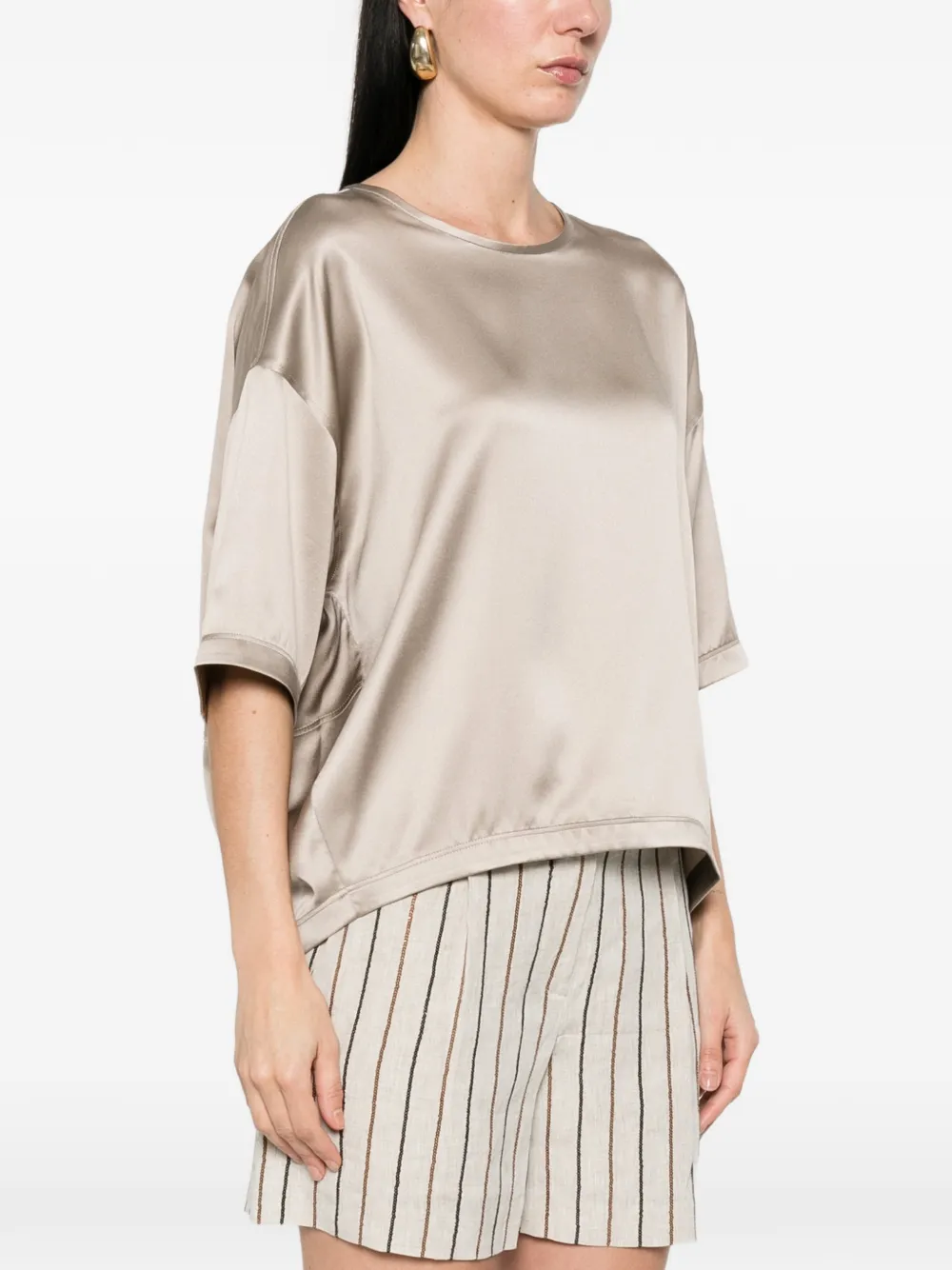  Brunello Cucinelli Short Sleeve Silk Top - Neutrals 