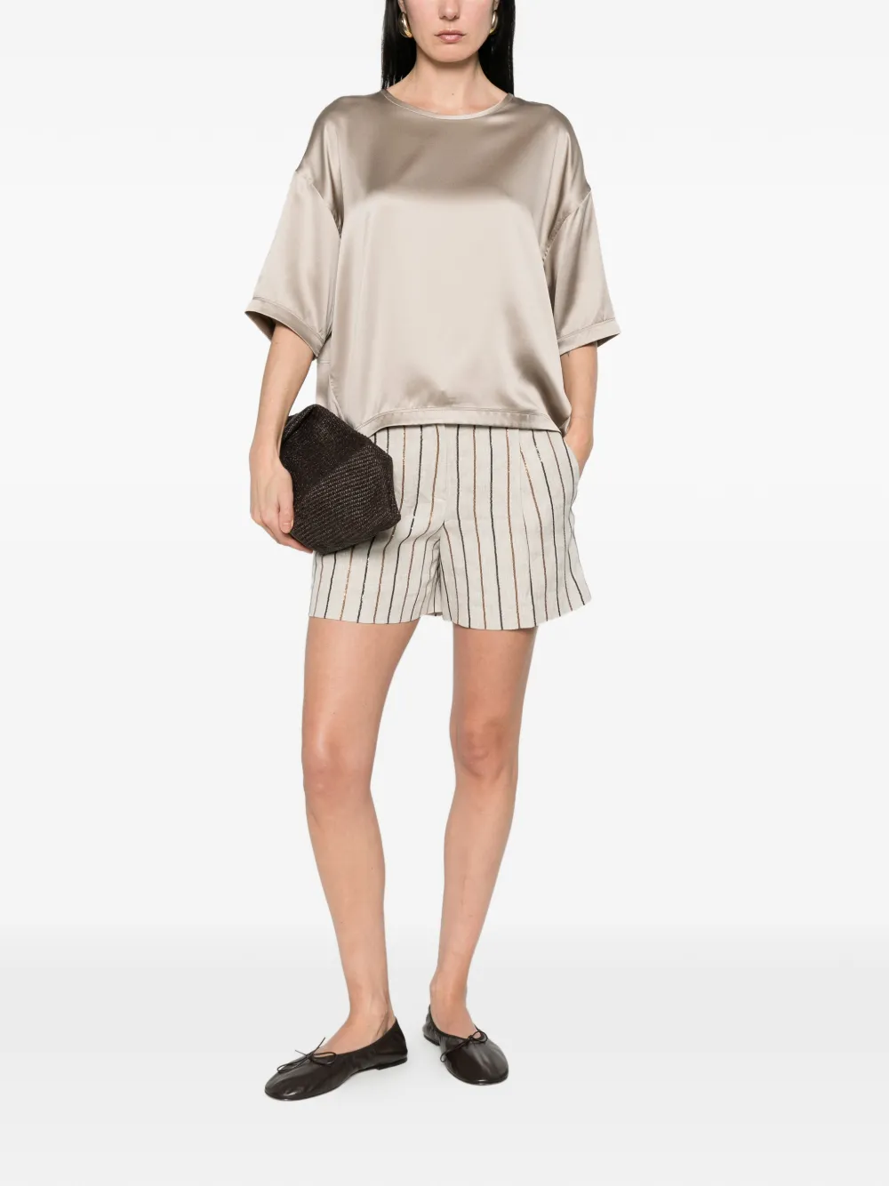  Brunello Cucinelli Short Sleeve Silk Top - Neutrals 