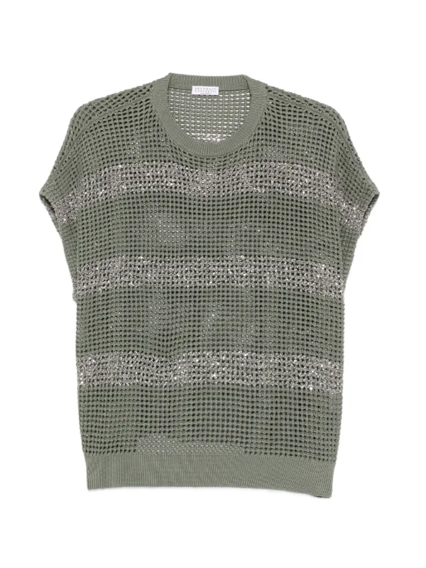 Brunello Cucinelli Striped Open Knit Top in Green