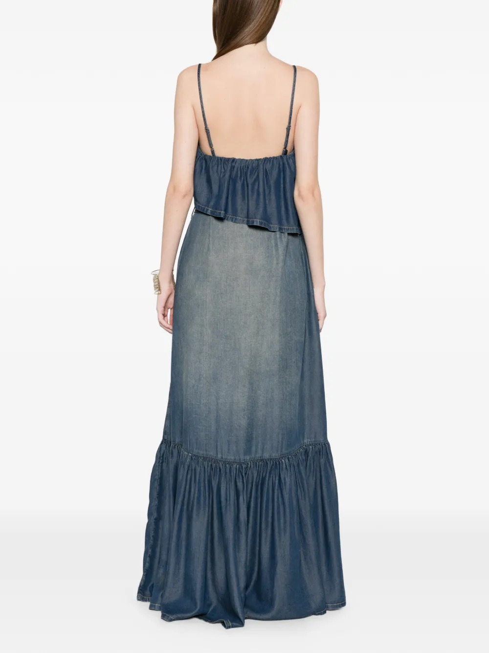 PINKO Denim maxi-jurk met ruches en ceintuur Blauw