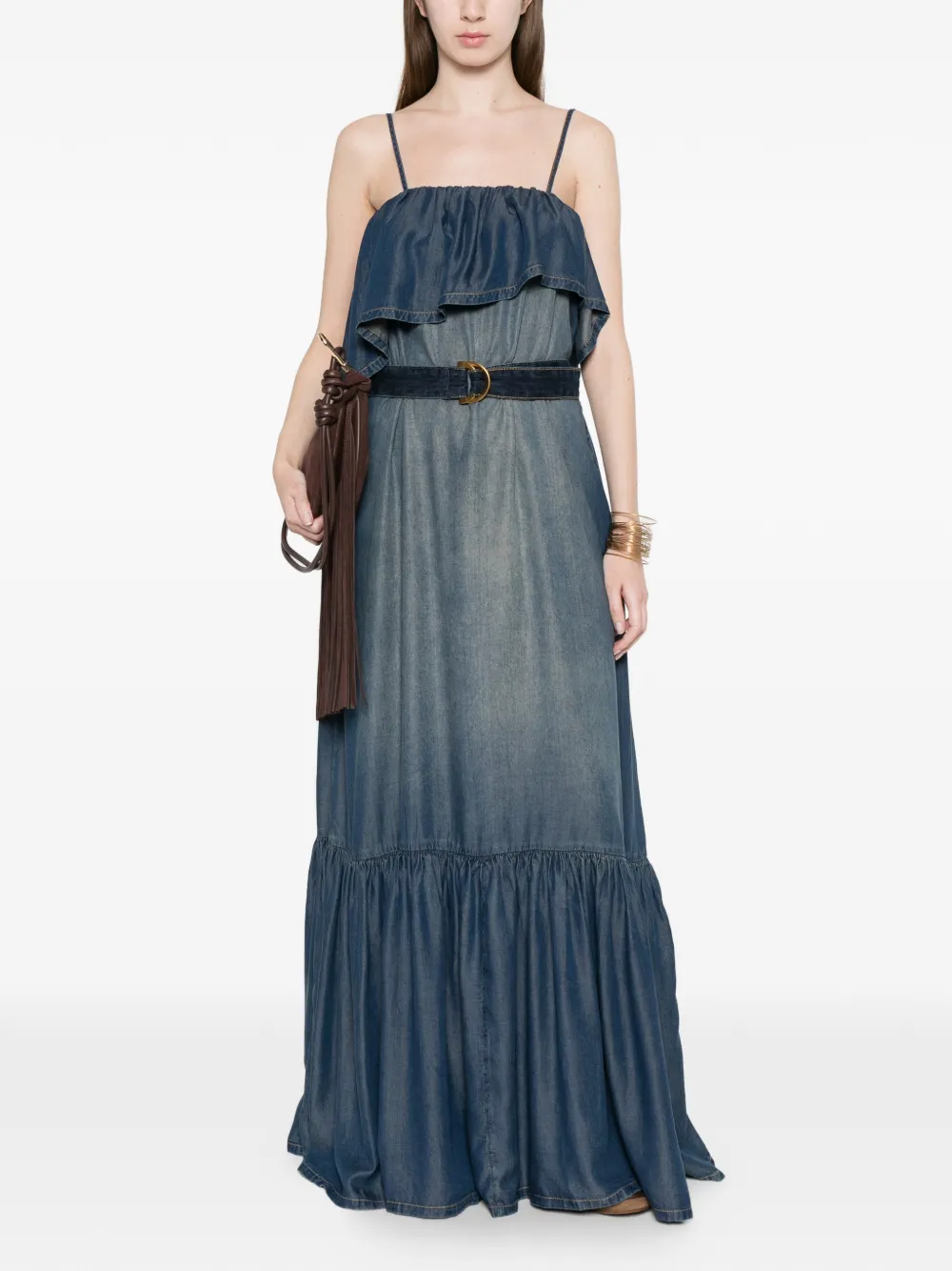 PINKO Denim maxi-jurk met ruches en ceintuur Blauw