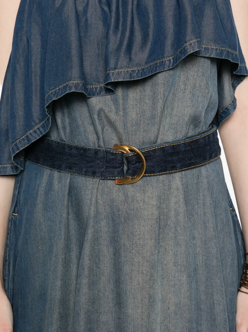 PINKO Denim maxi-jurk met ruches en ceintuur Blauw