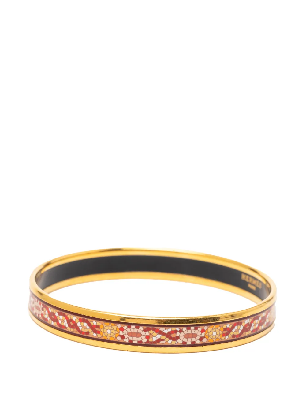  Hermès Pre-owned 2000-2020 Narrow Mosaic Style Geometric Pattern Enamel Bangle 65 Costume Bracelet - Gold 