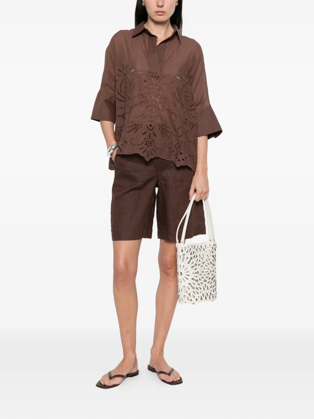  Ermanno Firenze Broderie-anglaise Top - Brown 