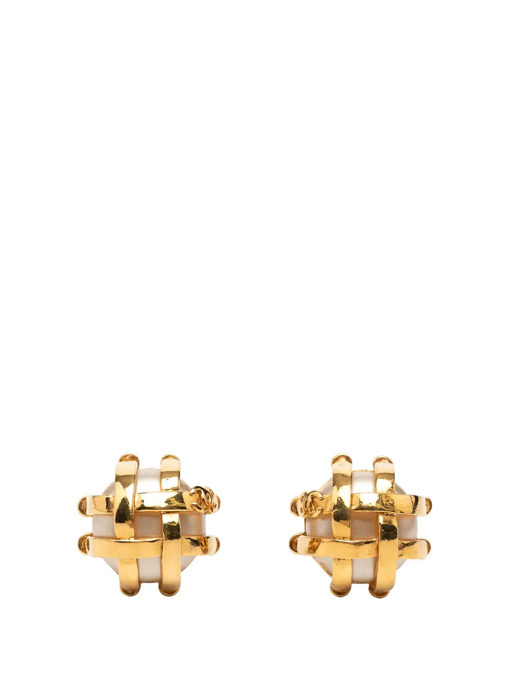 CHANEL Pre-Owned 1993 CC Gold Plated Caged Faux Pearl Clip On Earrings costume earrings - Bianco