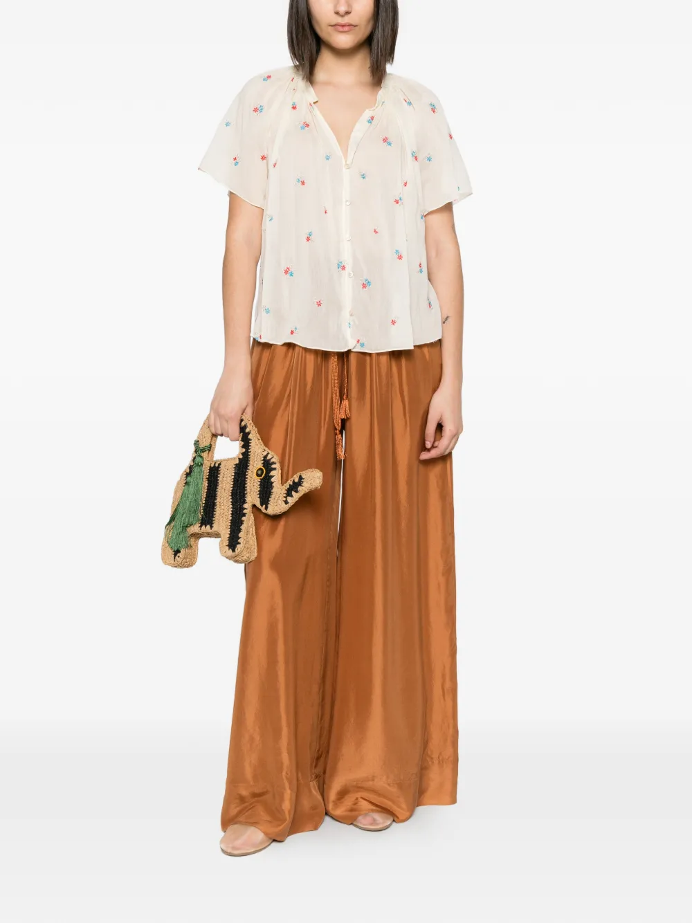 Forte Petites Fleurs gesmockte blouse Beige