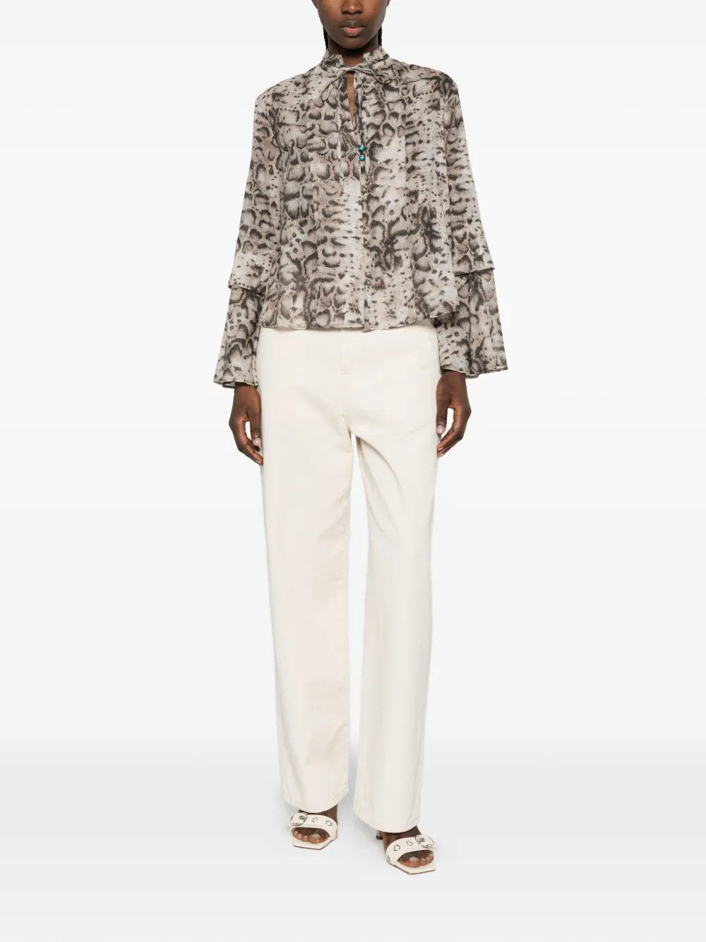 PINKO Blouse met slangenprint en flared mouwen Beige
