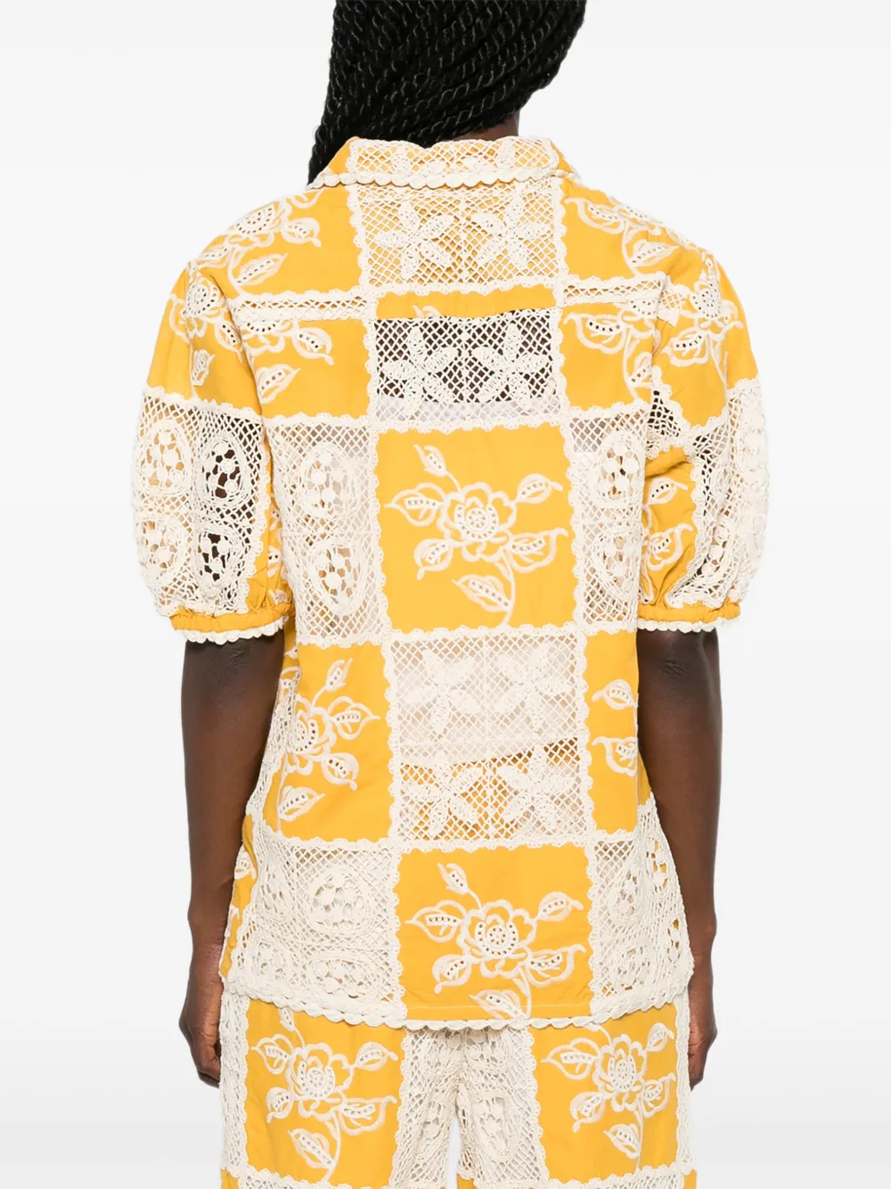 FARM Rio Blouse met geborduurde bloemen en patchwork Geel