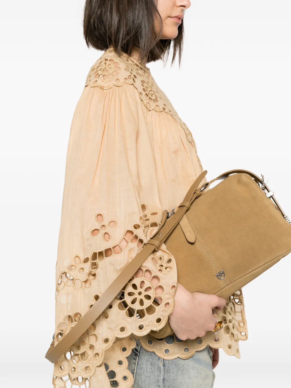 PINKO Medium Keeper suède schoudertas Beige
