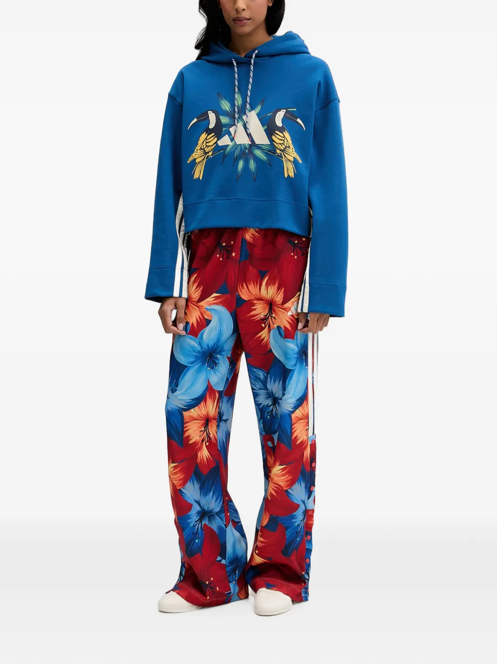 adidas Gestreifter Hoodie mit Vogel-Print - Blau