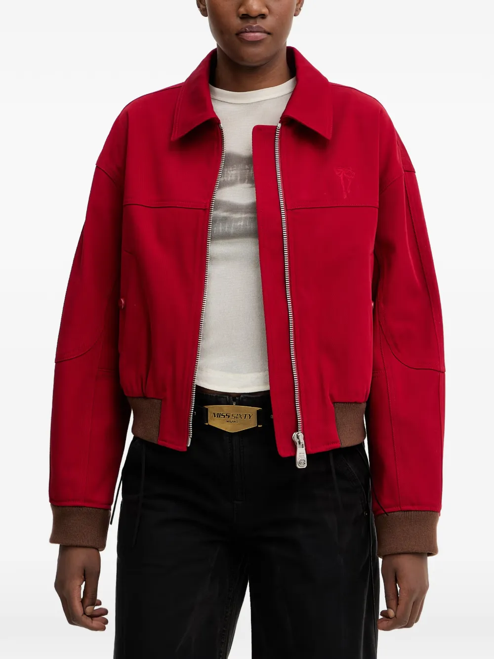 Miss Sixty bow-embroidered ribbed-trim cropped jacket - women - Cotton/Polyester/Viscose/Spandex/Elastane/Acrylic/Lambs Wool/Polyester/Spandex/El...