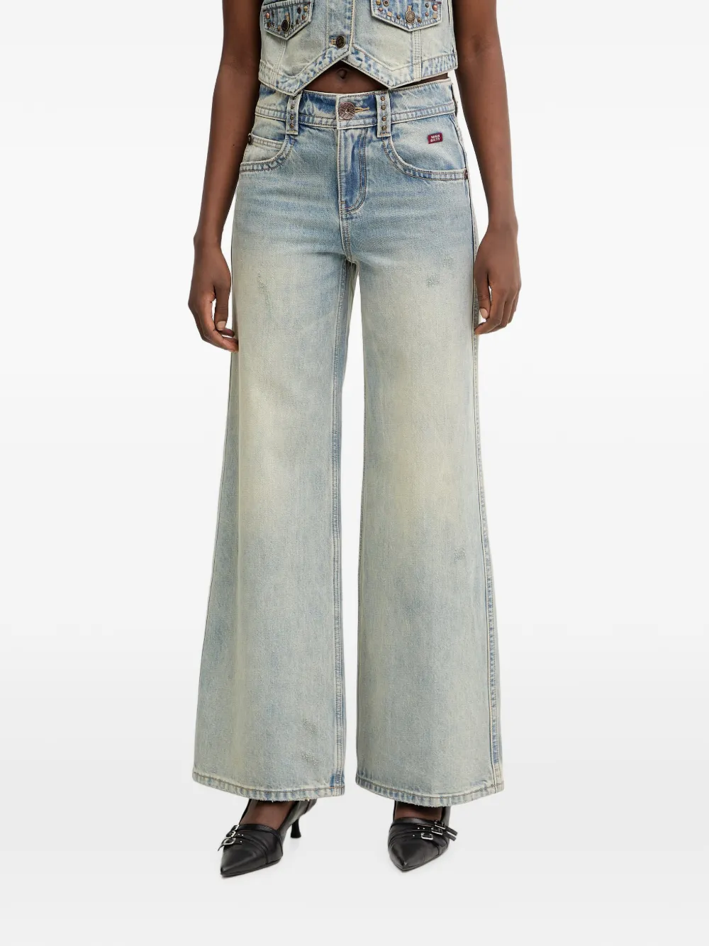 Miss Sixty stud-embellished embroidered wide-leg jeans - Blu