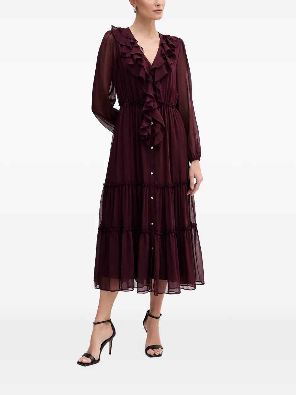 Morgan Ruffled Button Midi Dress In Red
