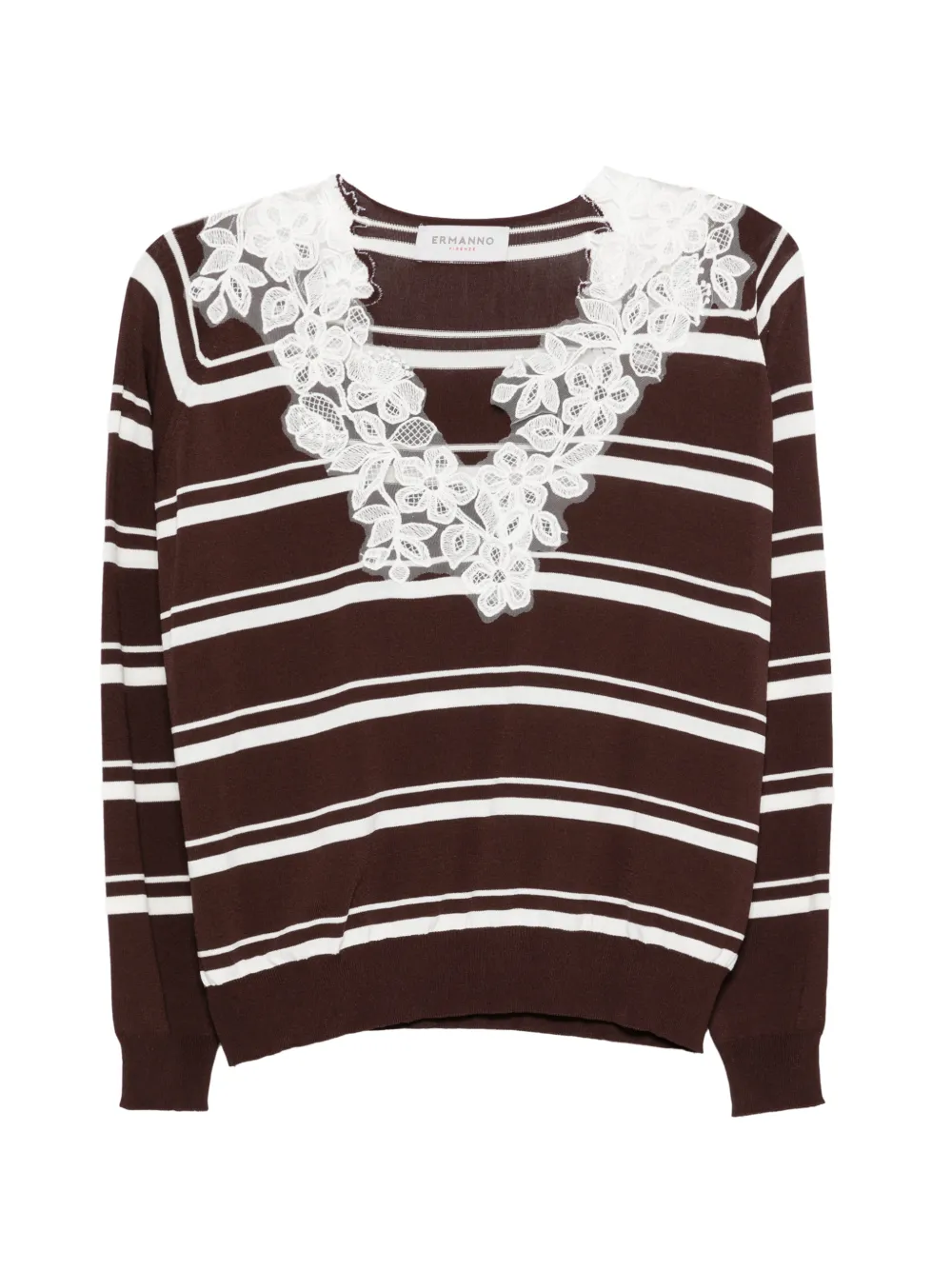 ERMANNO FIRENZE striped floral lace T-shirt - Marrone