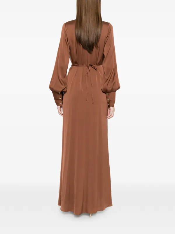 beach club maxi dress SILK95FIVE Palm tie-waist long-sleeve | Brown Waist 35cm Flapper Accessories London Times Womens Dress Size:96 inches