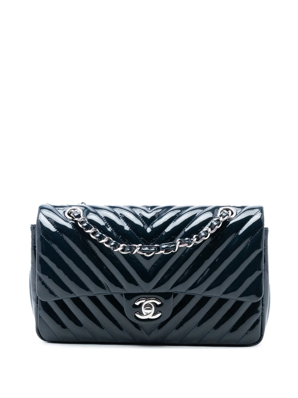 CHANEL Pre-Owned 2015-2016 Medium Classic Chevron Patent Double Flap shoulder bag - Blu