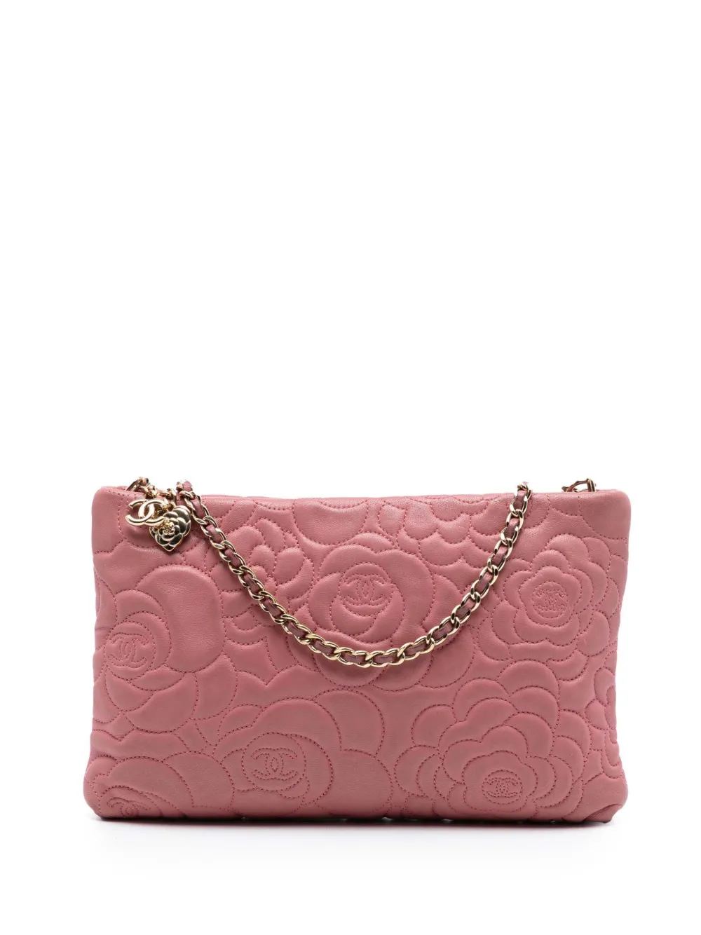 CHANEL Pre-Owned 2013-2014 Embossed Lambskin Camellia Chain Pochette shoulder bag - Rosa
