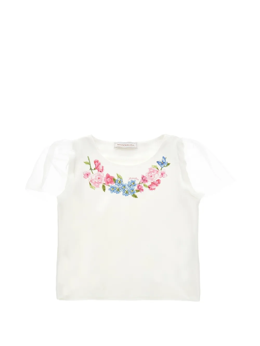 Monnalisa floral-print tulle-sleeve T-shirt - Bianco