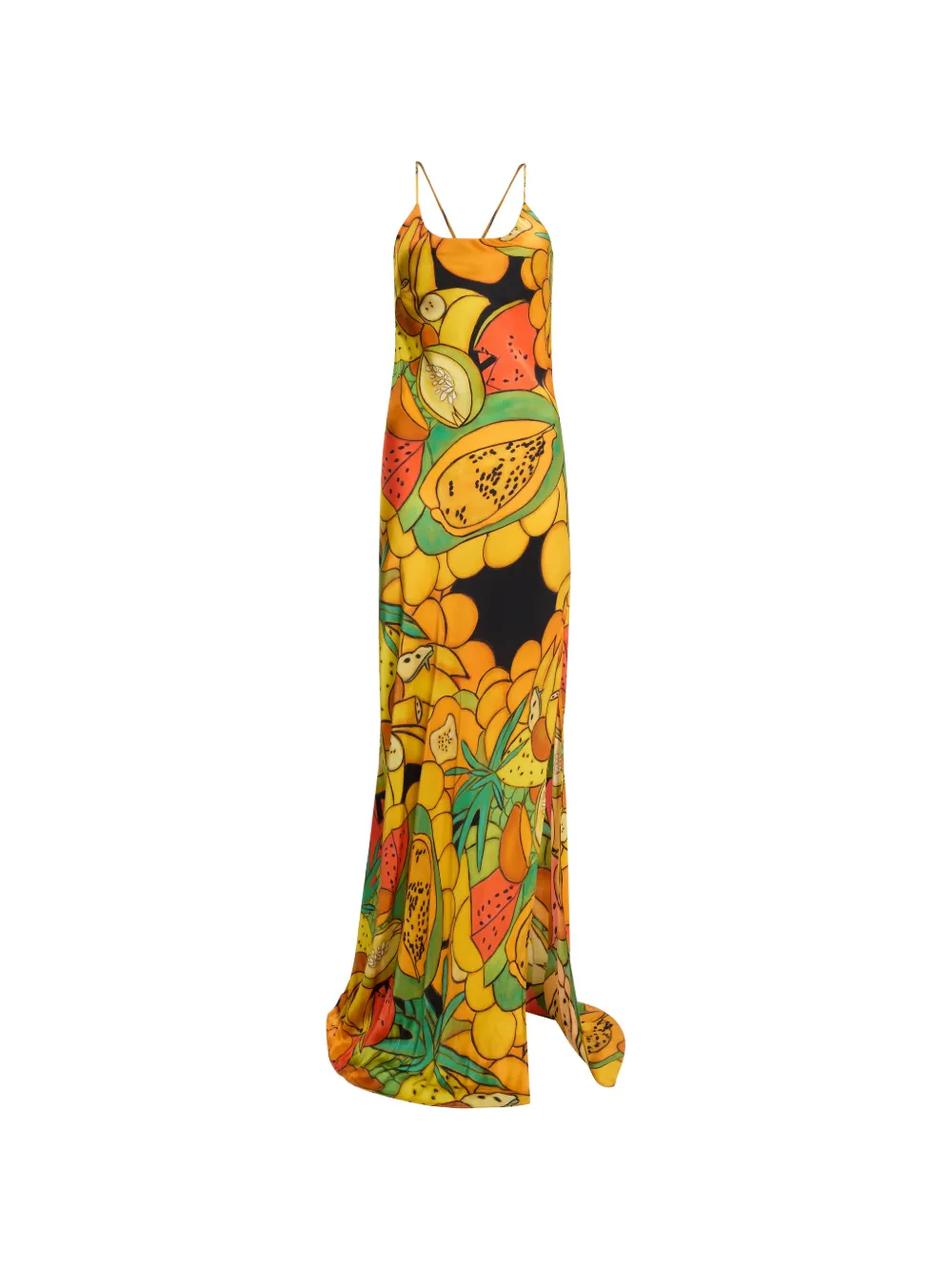 Donde Esteban Frutas Silk Satin Maxi Dress In Yellow