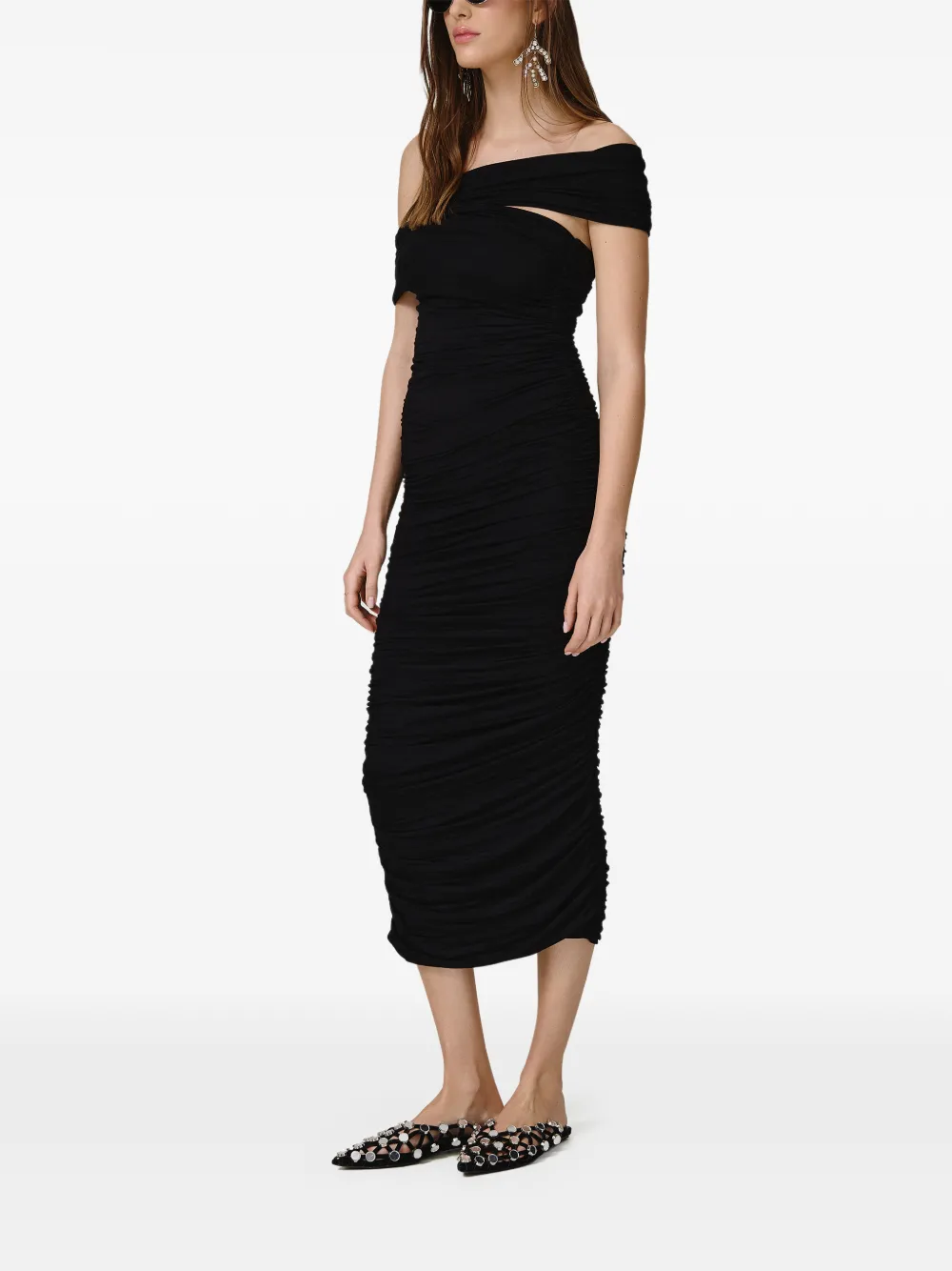Off-Shoulder Gathered Midi Dress