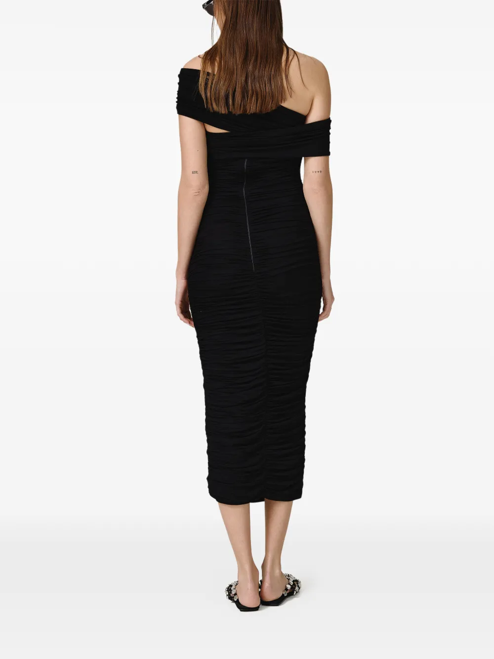 Off-Shoulder Gathered Midi Dress