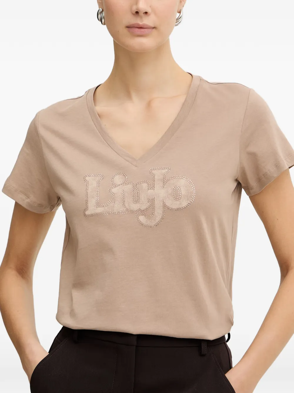 LIU JO V-neck logo-print T-shirt Beige
